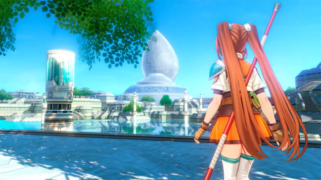 Karakter utama Trails in the Sky melihat kota futuristik di 2nd Chapter