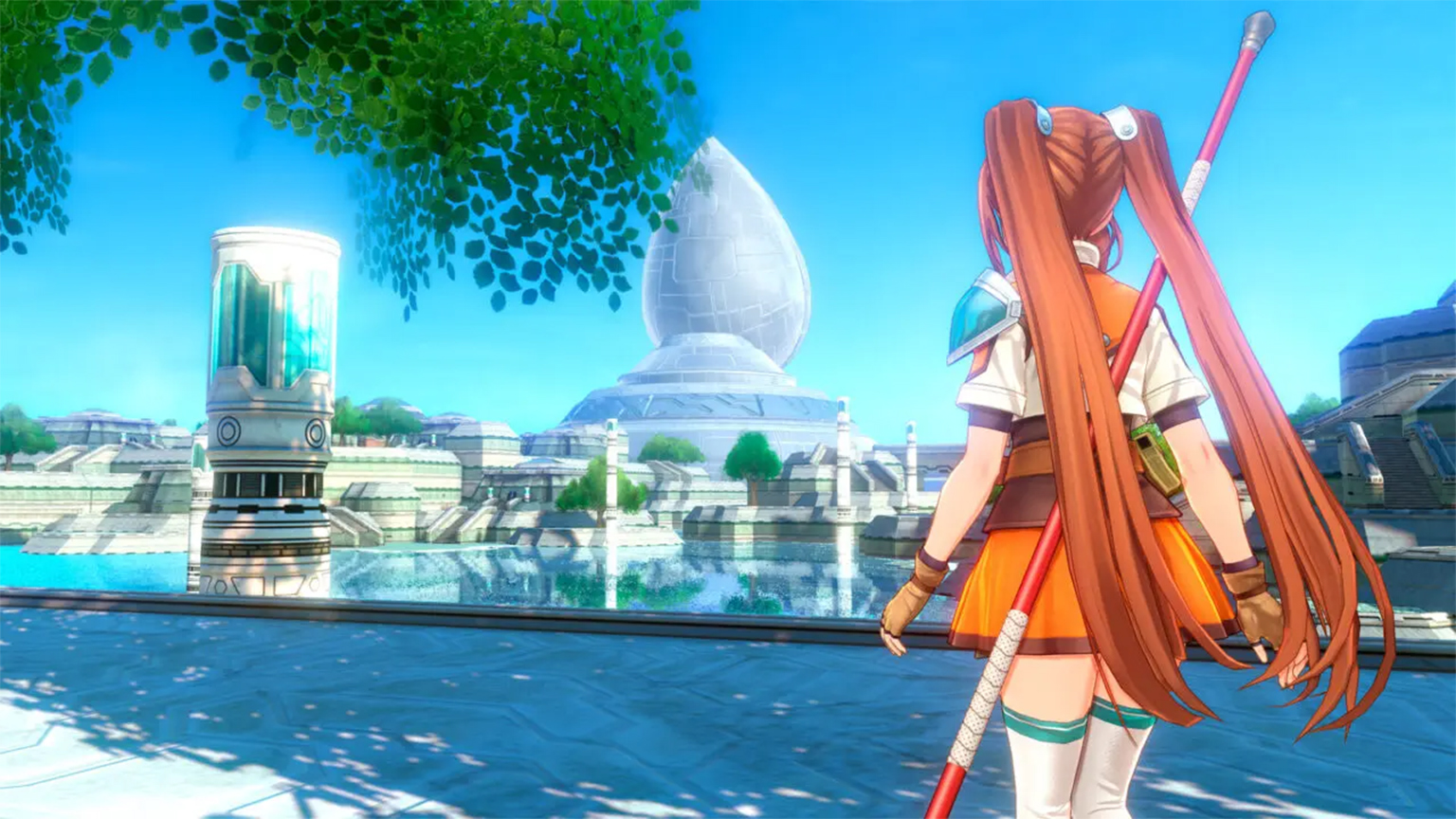 Karakter utama Trails in the Sky melihat kota futuristik di 2nd Chapter